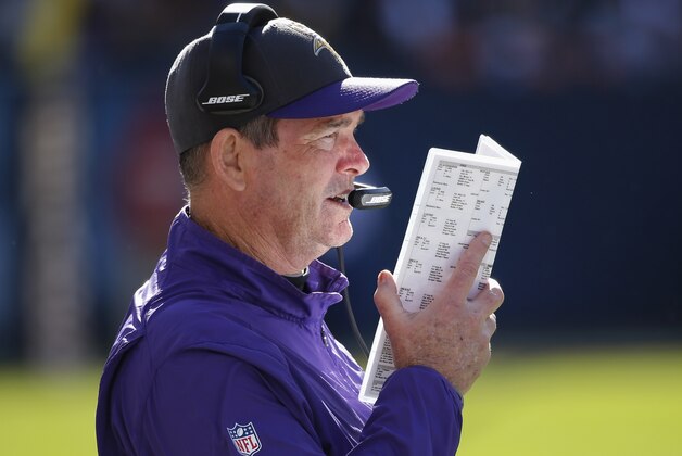 Minnesota Vikings head coach Mike Zimmer watches from the sideline during the first half of an NFL football game against the Chicago Bears, Sunday, Nov. 1, 2015, in Chicago. (AP Photo/Charles Rex Arbogast)