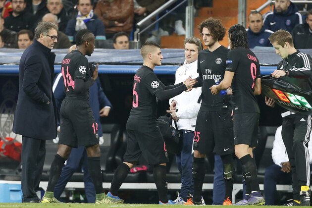 MADRID, SPAIN - NOVEMBER 3: Marco Verratti of PSG is replaced by Adrien Rabiot of PSG as a substitute during the UEFA Champions League match between Real Madrid and Paris Saint-Germain (PSG) at Santiago Bernabeu stadium on November 3, 2015 in Madrid, Spain. (Photo by Jean Catuffe/Getty Images)
