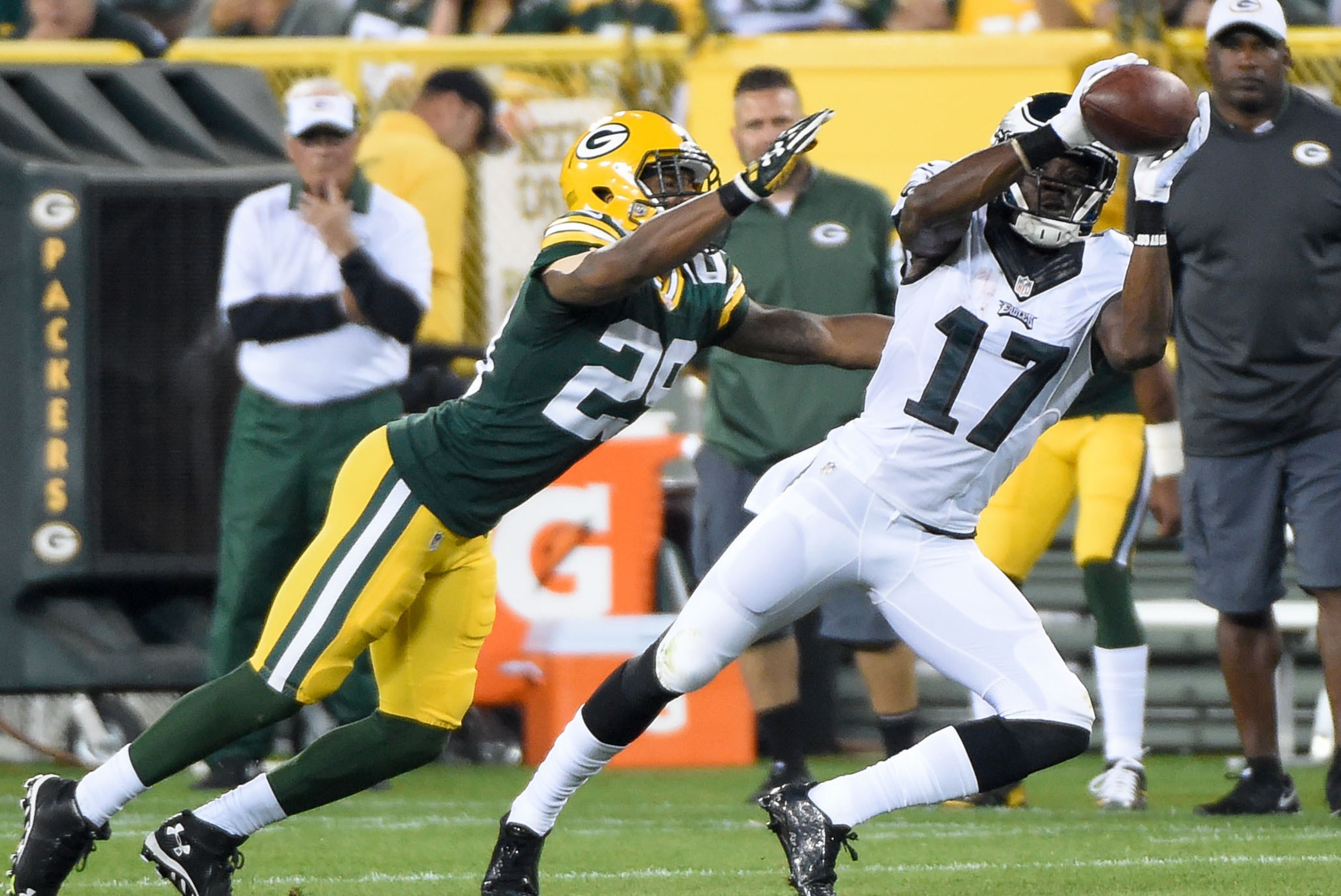 Aug 29, 2015; Green Bay, WI, USA; Philadelphia Eagles wide receiver Nelson Agholor (17) catches a pass against Green Bay Packers cornerback Casey Hayward (29) in the second quarter at Lambeau Field. Mandatory Credit: Benny Sieu-USA TODAY Sports