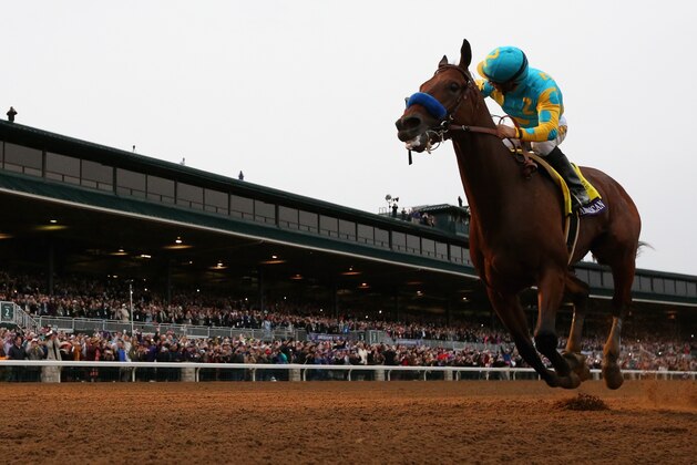 LEXINGTON, KY - OCTOBER 31:  Jockey  Victor Espinoza celebrates after riding American Pharoah # 4 to victory in the Breeders' Cup Classic at Keeneland Racecourse on October 31, 2015 in Lexington, Kentucky.  (Photo by Rob Carr/Getty Images)