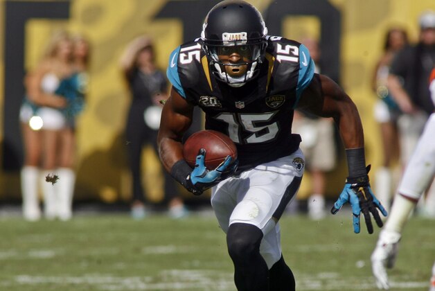 Oct 19, 2014; Jacksonville, FL, USA; Jacksonville Jaguars wide receiver Allen Robinson (15) runs after a catch in the fourth quarter of their game against the Cleveland Browns at EverBank Field. The Jacksonville Jaguars best the Cleveland Browns 24-6. Mandatory Credit: Phil Sears-USA TODAY Sports
