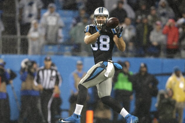 Carolina Panthers' Greg Olsen (88) catches a pass against the Indianapolis Colts in the second half of an NFL football game in Charlotte, N.C., Monday, Nov. 2, 2015. (AP Photo/Bob Leverone)