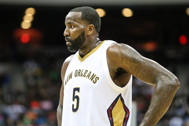 New Orleans Pelicans center Kendrick Perkins (5) during the second half of an NBA preseason basketball game against the Atlanta Hawks in Jacksonville, Fla., Friday, October 9, 2015. The Hawks won 103-93. (AP Photo/Gary McCullough)