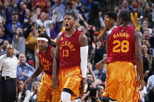 INDIANAPOLIS, IN - NOVEMBER 6: Paul George #13 of the Indiana Pacers reacts after making a basket against the Miami Heat in the second half of a game at Bankers Life Fieldhouse on November 6, 2015 in Indianapolis, Indiana. The Pacers defeated the Heat 90-87. NOTE TO USER: User expressly acknowledges and agrees that, by downloading and or using the photograph, User is consenting to the terms and conditions of the Getty Images License Agreement. (Photo by Joe Robbins/Getty Images)
