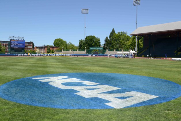 Jun 10, 2014; Eugene, OR, USA; General view of the NCAA logo at Hayward Field in advance of the 2014 NCAA Track & Field Championships. Mandatory Credit: Kirby Lee-USA TODAY Sport.