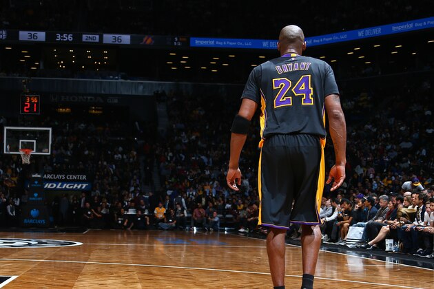 BROOKLYN, NY - NOVEMBER 06:  Kobe Bryant #24 of the Los Angeles Lakers stands on the court against the Brooklyn Nets on November 6, 2015 iat Barclays Center in Brooklyn, New York. NOTE TO USER: User expressly acknowledges and agrees that, by downloading and or using this photograph, User is consenting to the terms and conditions of the Getty Images License Agreement. Mandatory Copyright Notice: Copyright 2015 NBAE (Photo by Nathaniel S. Butler/NBAE via Getty Images)