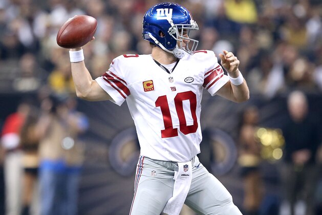 NEW ORLEANS, LA - NOVEMBER 01: Eli Manning #10 of the New York Giants drops back to pass against the New York Giants during their game at the Mercedes-Benz Superdome on November 1, 2015 in New Orleans, Louisiana. (Photo by Sean Gardner/Getty Images)