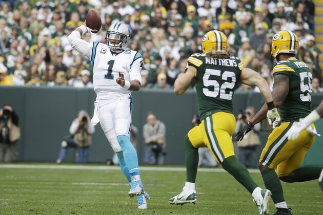 Carolina Panthers' Cam Newton during the second half of an NFL football game against the Green Bay Packers Sunday, Oct. 19, 2014, in Green Bay, Wis. (AP Photo/Morry Gash)