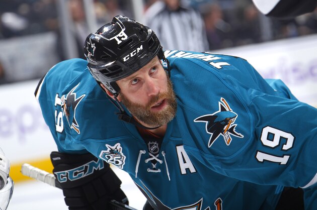 SAN JOSE, CA - OCTOBER 24: Joe Thornton #19 of the San Jose Sharks faces off against the Carolina Hurricanes at SAP Center on October 24, 2015 in San Jose, California. (Photo by Rocky W. Widner/NHL/Getty Images)
