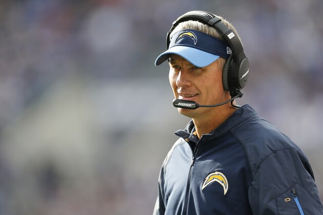 San Diego Chargers head coach Mike McCoy watches the action from the sidelines during the first half of an NFL football game against the Baltimore Ravens in Baltimore, Sunday, Nov. 1, 2015. (AP Photo/Patrick Semansky)