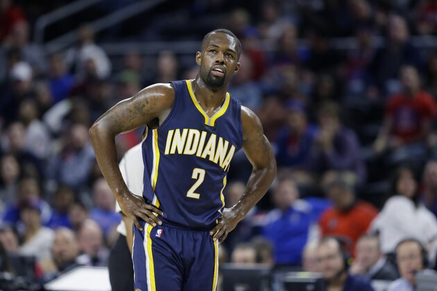 Indiana Pacers guard Rodney Stuckey (2) is seen during the second half of an NBA basketball game against the Detroit Pistons, Tuesday, Nov. 3, 2015, in Auburn Hills, Mich. (AP Photo/Carlos Osorio)