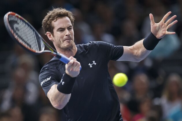 Britain's Andy Murray returns the ball to Spain's David Ferrer during their semifinal match of the BNP Masters tennis tournament at the Paris Bercy Arena, in Paris, France, Saturday, Nov. 7, 2015. (AP Photo/Michel Euler)