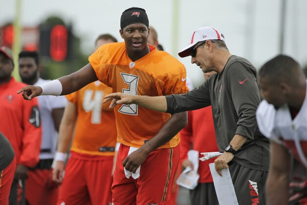 Tampa Bay Buccaneers quarterback Jameis Winston (3) talks to offensive coordinator Dirk Koetter during a Buccaneers NFL football training camp Sunday, Aug. 2, 2015, in Tampa, Fla. (AP Photo/Chris O'Meara)