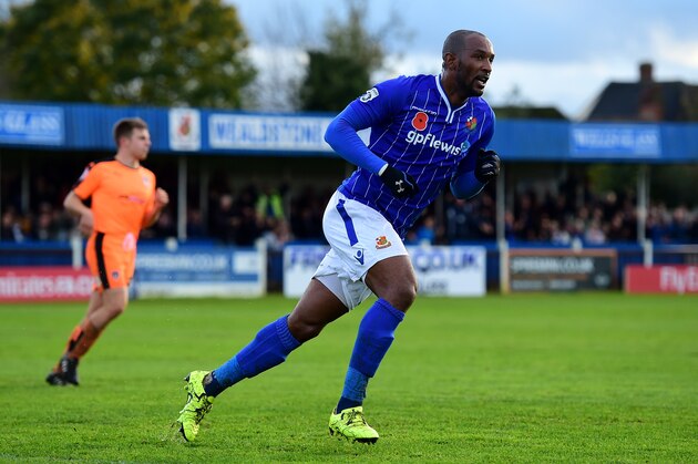 LONDON, ENGLAND - NOVEMBER 07:  Jefferson Louis of Wealdstone celebrates scoring his side's first goal from the penalty spot during the FA Cup First Round match between Wealdstone and Colchester United at St. Georges Stadium on November 7, 2015 in London, England.  (Photo by Dan Mullan/Getty Images)