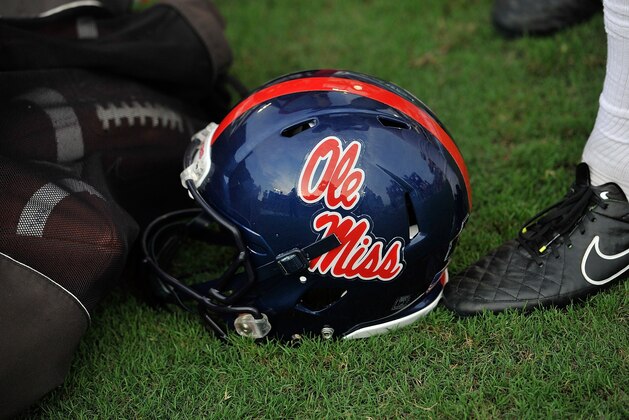 NASHVILLE, TN - SEPTEMBER 06: A helment of the Ole Miss Rebels sits on the sideline during a game against the Vanderbilt Commodores at L.P.Field on September 6, 2014 in Nashville, Tennessee.  (Photo by Frederick Breedon/Getty Images)