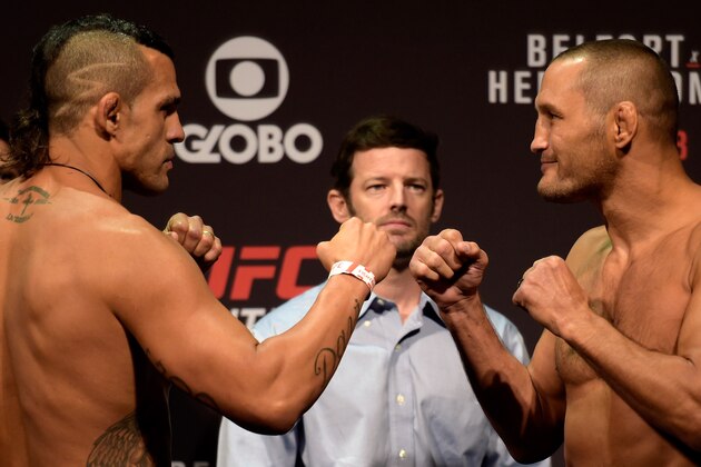SAO PAULO, BRAZIL - NOVEMBER 06:  (L-R) Opponents Vitor Belfort of Brazil and Dan Henderson of the United States face off during the UFC Fight Night weigh-in at Ibirapuera Gymnasium on November 06, 2015 in Sao Paulo, Brazil.  (Photo by Buda Mendes/Zuffa LLC/Zuffa LLC via Getty Images)