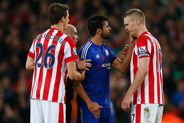 STOKE ON TRENT, ENGLAND - NOVEMBER 07:  Diego Costa of Chelsea argues with Ryan Shawcross of Stoke City after the Barclays Premier League match between Stoke City and Chelsea at Britannia Stadium on November 7, 2015 in Stoke on Trent, England.  (Photo by Laurence Griffiths/Getty Images)