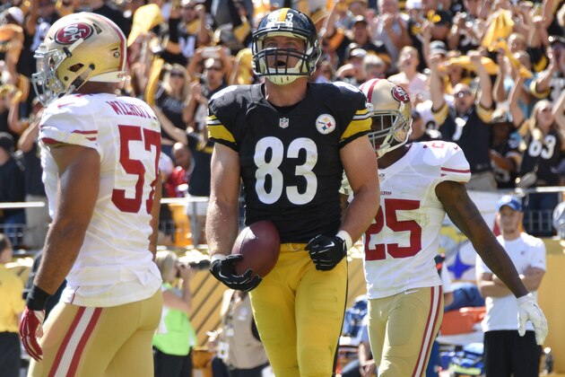 Pittsburgh Steelers tight end Heath Miller (83) walks between San Francisco 49ers inside linebacker Michael Wilhoite (57) and strong safety Jimmie Ward (25) after making a touchdown catch in the first quarter of an NFL football game, Sunday, Sept. 20, 2015, in Pittsburgh. (AP Photo/Don Wright)