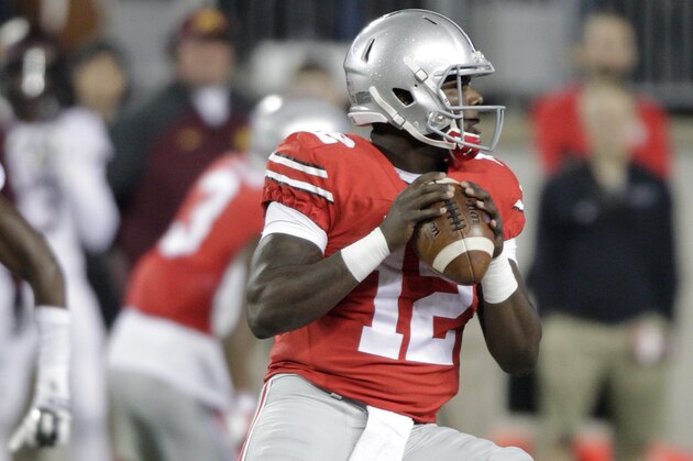 Ohio State quarterback Cardale Jones drops back to pass against Minnesota during the first quarter of an NCAA college football game Saturday, Nov. 7, 2015, in Columbus, Ohio. (AP Photo/Jay LaPrete)
