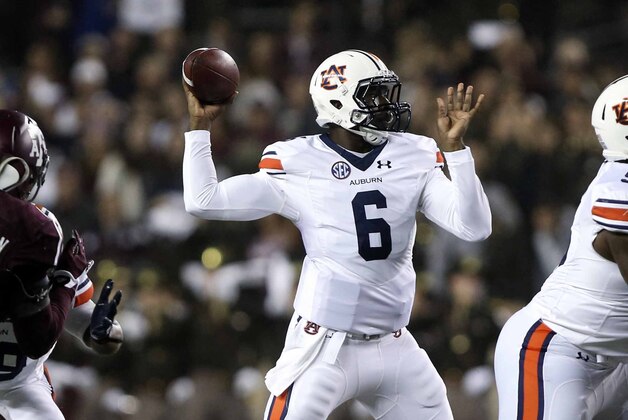 Nov 7, 2015; College Station, TX, USA; Auburn Tigers quarterback Jeremy Johnson (6) attempts a pass during the first quarter against the Texas A&M Aggies at Kyle Field. Mandatory Credit: Troy Taormina-USA TODAY Sports
