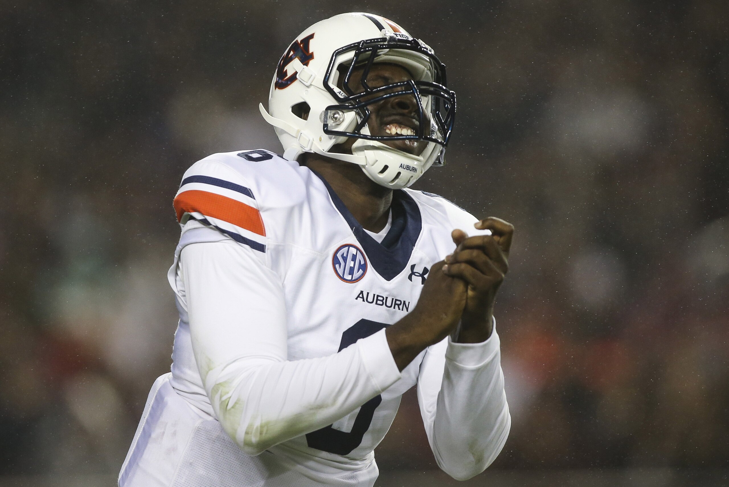 Nov 7, 2015; College Station, TX, USA; Auburn Tigers quarterback Jeremy Johnson (6) reacts after a play against the Texas A&M Aggies during the second quarter at Kyle Field. Mandatory Credit: Troy Taormina-USA TODAY Sports