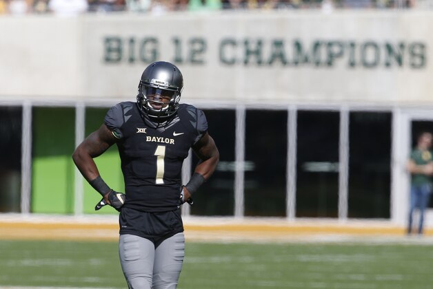 Baylor wide receiver Corey Coleman (1) waits for play to being against West Virginia  in the first half of an NCAA college football game, Saturday, Oct 17, 2015, in Waco, Texas. (AP Photo/Rod Aydelotte)