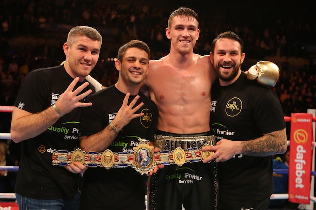 LIVERPOOL, ENGLAND - NOVEMBER 7: Callum Smith stands alongside brothers (left to right) Liam, Stephen and Paul Smith, after beating Rocky Fielding during their Super Middleweight contest at the Echo Arena on November 7, 2015 in Liverpool, England. (Photo by Dave Thompson/Getty Images)