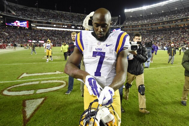 Nov 7, 2015; Tuscaloosa, AL, USA; LSU Tigers running back Leonard Fournette (7) walks off the field after the game against the Alabama Crimson Tide at Bryant-Denny Stadium. Alabama won 30-16. Mandatory Credit: John David Mercer-USA TODAY Sports