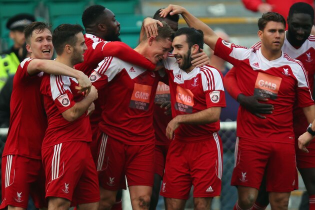 BRIGHTON, ENGLAND - NOVEMBER 08: Dave Martin of Whitehawk (c) celebrates with his team after scoring during the Emirates FA Cup First Round match between Whitehawk FC and Lincoln City at The Enclosed Ground on November 8, 2015 in Brighton, England. (Photo by Bryn Lennon/Getty Images) BRIGHTON, ENGLAND - NOVEMBER 08: Dave Martin of Whitehawk (c) celebrates with his team after scoring during the Emirates FA Cup First Round match between Whitehawk FC and Lincoln City at The Enclosed Ground on November 8, 2015 in Brighton, England. (Photo by Bryn Lennon/Getty Images)