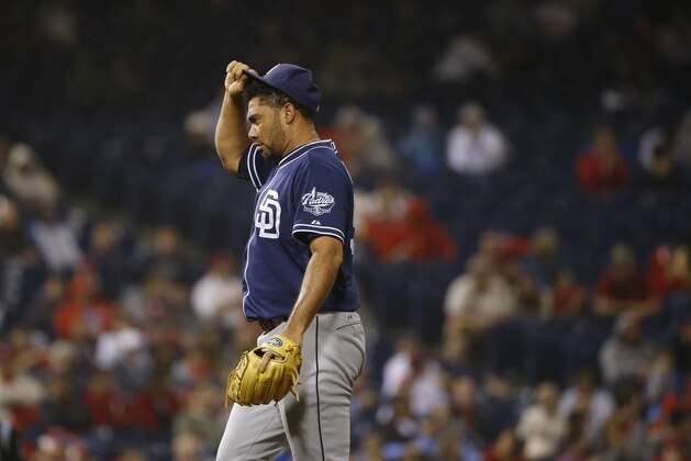 San Diego Padres' Joaquin Benoit in action during a baseball game against the Philadelphia Phillies, Wednesday, June 11, 2014, in Philadelphia. (AP Photo/Matt Slocum)