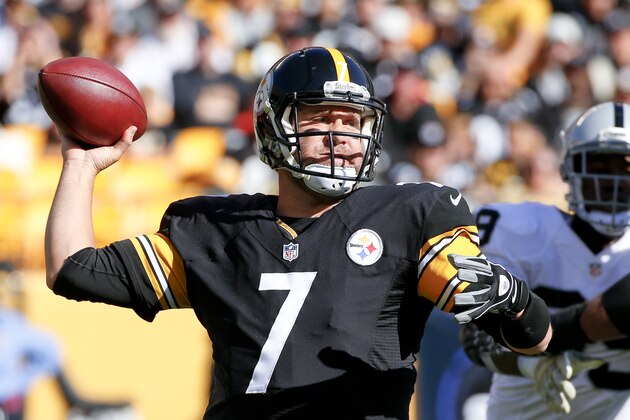 Pittsburgh Steelers quarterback Ben Roethlisberger (7) passes in the first quarter of an NFL football game against the Oakland Raiders, Sunday, Nov. 8, 2015, in Pittsburgh. (AP Photo/Gene J. Puskar)