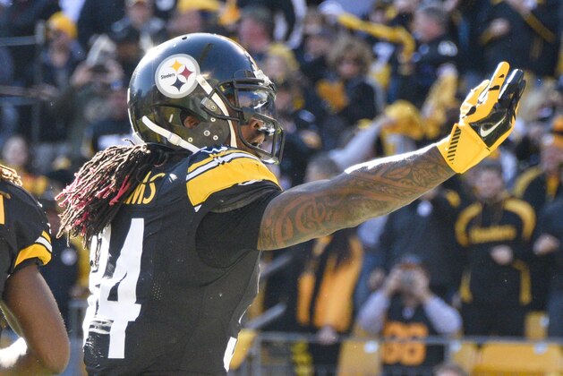 Pittsburgh Steelers running back DeAngelo Williams (34) celebrates after scoring a touchdown on the second quarter of an NFL football game against the Oakland Raiders, Sunday, Nov. 8, 2015, in Pittsburgh. (AP Photo/Don Wright)