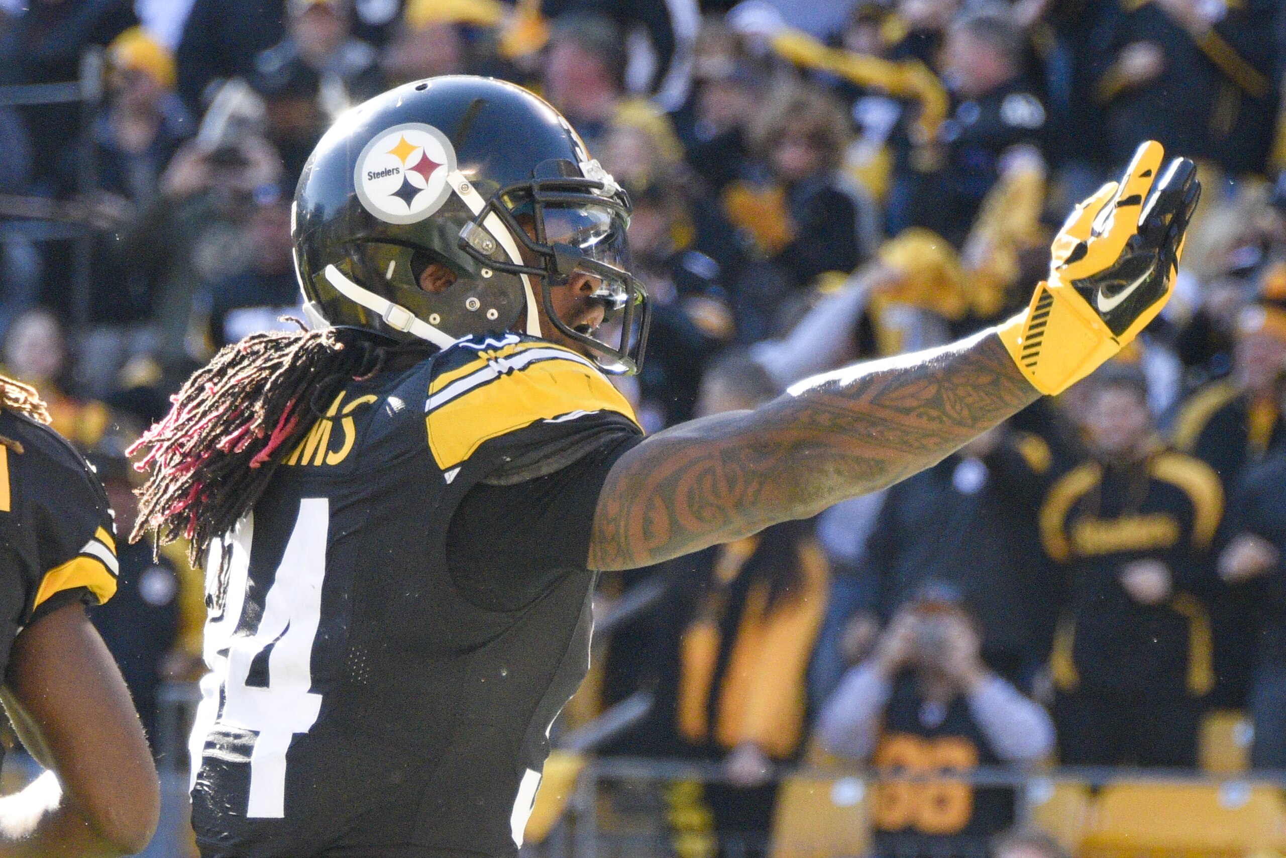 Pittsburgh Steelers running back DeAngelo Williams (34) celebrates after scoring a touchdown on the second quarter of an NFL football game against the Oakland Raiders, Sunday, Nov. 8, 2015, in Pittsburgh. (AP Photo/Don Wright)