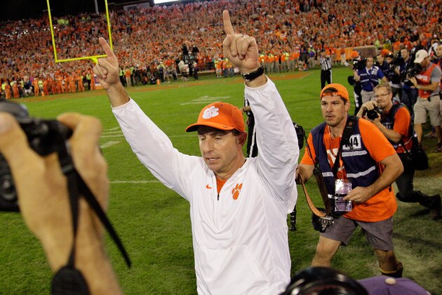 CLEMSON, SC - NOVEMBER 7: Head Coach Dabo Swinney of the Clemson Tigers reacts after beating the Florida State Seminoles 23-13 at Memorial Stadium on November 7, 2015 in Clemson, South Carolina. (Photo by Tyler Smith/Getty Images) CLEMSON, SC - NOVEMBER 7: Head Coach Dabo Swinney of the Clemson Tigers reacts after beating the Florida State Seminoles 23-13 at Memorial Stadium on November 7, 2015 in Clemson, South Carolina. (Photo by Tyler Smith/Getty Images)