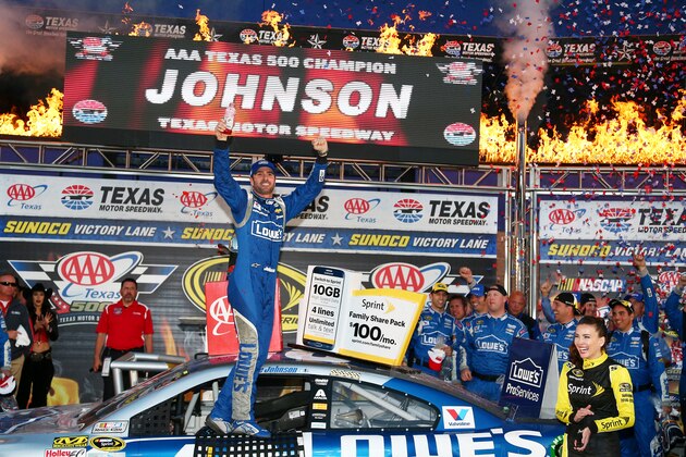 FORT WORTH, TX - NOVEMBER 08: Jimmie Johnson, driver of the #48 Lowe's Chevrolet, celebrates in victory lane after winning the NASCAR Sprint Cup Series AAA Texas 500 at Texas Motor Speedway on November 8, 2015 in Fort Worth, Texas. (Photo by Sarah Crabill/Getty Images for Texas Motor Speedway) FORT WORTH, TX - NOVEMBER 08: Jimmie Johnson, driver of the #48 Lowe's Chevrolet, celebrates in victory lane after winning the NASCAR Sprint Cup Series AAA Texas 500 at Texas Motor Speedway on November 8, 2015 in Fort Worth, Texas. (Photo by Sarah Crabill/Getty Images for Texas Motor Speedway)