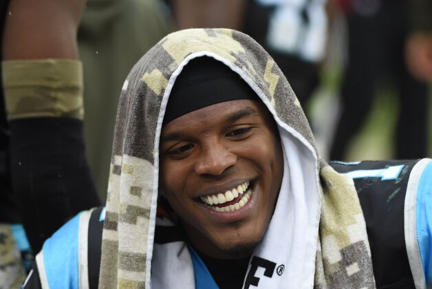 Nov 8, 2015; Charlotte, NC, USA; Carolina Panthers quarterback Cam Newton (1) on the sidelines in the fourth quarter. The Panthers defeated the Packers 37-29 at Bank of America Stadium. Mandatory Credit: Bob Donnan-USA TODAY Sports