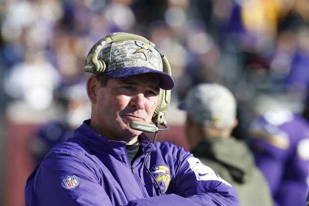 Minnesota Vikings head coach Mike Zimmer is seen before the second half of an NFL football game against the St. Louis Rams, Sunday, Nov. 8, 2015, in Minneapolis. (AP Photo/Ann Heisenfelt)