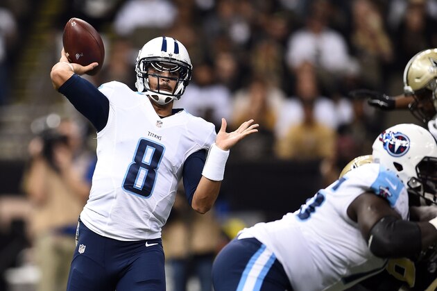 NEW ORLEANS, LA - NOVEMBER 08:  Marcus Mariota #8 of the Tennessee Titans drops back to pass during the first quarter of a game against the New Orleans Saints at the Mercedes-Benz Superdome on November 8, 2015 in New Orleans, Louisiana.  (Photo by Stacy Revere/Getty Images)