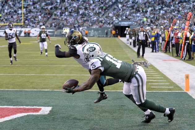 New York Jets wide receiver Brandon Marshall (15) makes a catch against Jacksonville Jaguars cornerback Davon House (31) for a touchdown during the fourth quarter of an NFL football game, Sunday, Nov. 8, 2015, in East Rutherford, N.J. (AP Photo/Bill Kostroun)
