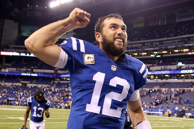 INDIANAPOLIS, IN - NOVEMBER 08:  Andrew Luck #12 of the Indianapolis Colts celebrates after the 27-24 win over the Denver Broncos at Lucas Oil Stadium on November 8, 2015 in Indianapolis, Indiana.  (Photo by Andy Lyons/Getty Images)