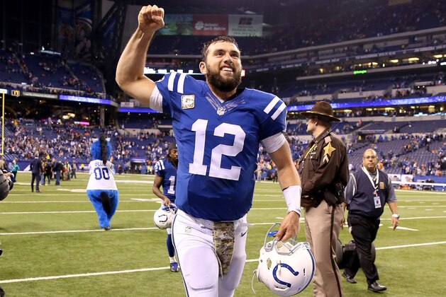 INDIANAPOLIS, IN - NOVEMBER 08:  Andrew Luck #12 of the Indianapolis Colts celebrates after the 27-24 win over the Denver Broncos at Lucas Oil Stadium on November 8, 2015 in Indianapolis, Indiana.  (Photo by Andy Lyons/Getty Images)