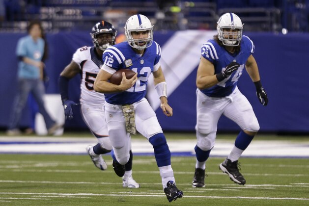 Indianapolis Colts' Andrew Luck (12) runs during the second half of an NFL football game against the Denver Broncos, Sunday, Nov. 8, 2015, Indianapolis. (AP Photo/Michael Conroy)