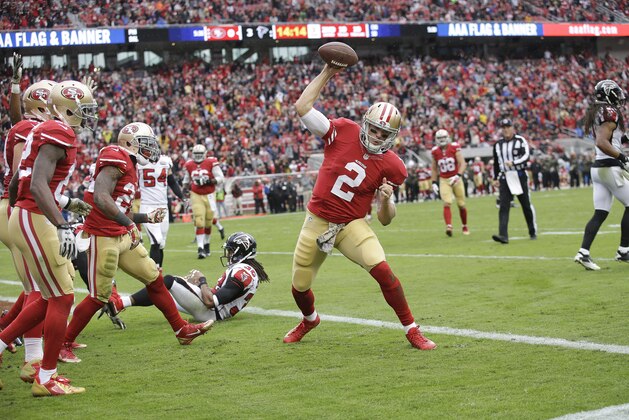 San Francisco 49ers quarterback Blaine Gabbert (2) spikes the ball after running to the 1-yard line against the Atlanta Falcons during the first half of an NFL football game in Santa Clara, Calif., Sunday, Nov. 8, 2015. The 49ers won 17-16. (AP Photo/Marcio Jose Sanchez) San Francisco 49ers quarterback Blaine Gabbert (2) spikes the ball after running to the 1-yard line against the Atlanta Falcons during the first half of an NFL football game in Santa Clara, Calif., Sunday, Nov. 8, 2015. The 49ers won 17-16. (AP Photo/Marcio Jose Sanchez)