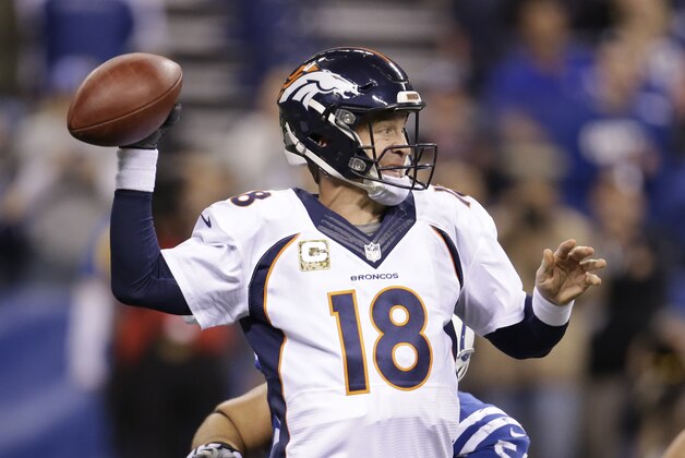 Denver Broncos quarterback Peyton Manning throws during the second half of an NFL football game against the Indianapolis Colts, Sunday, Nov. 8, 2015, Indianapolis. The Colts won 27-24. (AP Photo/AJ Mast)