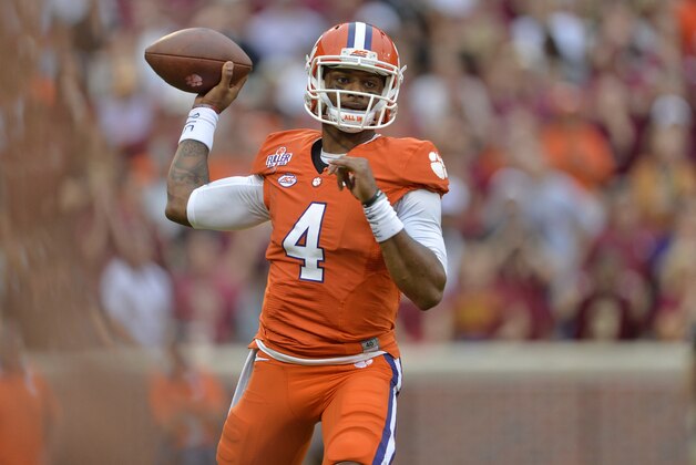 Clemson quarterback Deshaun Watson throws a pass during the first half of an NCAA college football game against Florida State, Saturday, Nov. 7, 2015, in Clemson, S.C. (AP Photo/Richard Shiro) Clemson quarterback Deshaun Watson throws a pass during the first half of an NCAA college football game against Florida State, Saturday, Nov. 7, 2015, in Clemson, S.C. (AP Photo/Richard Shiro)