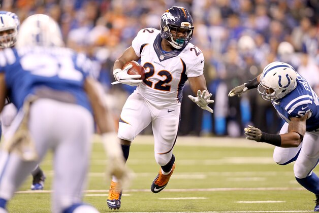 INDIANAPOLIS, IN - NOVEMBER 08:  C.J. Anderson #22 of the Denver Broncos runs with the ball during the game against the Indianapolis Colts at Lucas Oil Stadium on November 8, 2015 in Indianapolis, Indiana.  (Photo by Andy Lyons/Getty Images)