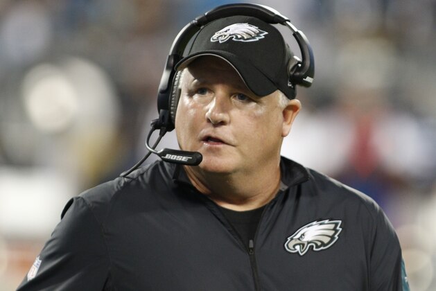 Philadelphia Eagles head coach Chip Kelly watches the action from the sidelines in the first half of an NFL football game against the Carolina Panthers in Charlotte, N.C., Sunday, Oct. 25, 2015. (AP Photo/Bob Leverone)