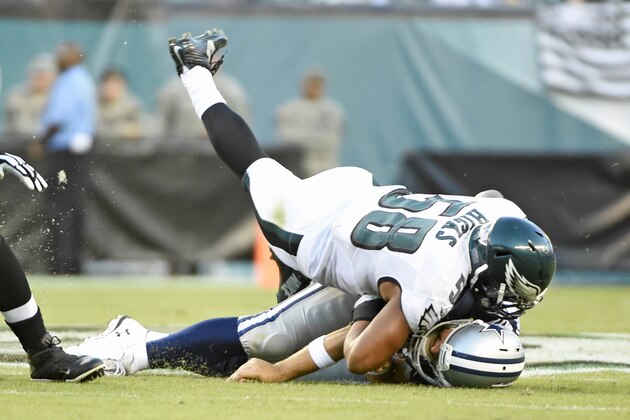 Sep 20, 2015; Philadelphia, PA, USA; Philadelphia Eagles outside linebacker Jordan Hicks (58) lands on Dallas Cowboys quarterback Tony Romo (9) during the third quarter at Lincoln Financial Field. Romo was injured on the play and left the game. The Cowboys defeated the Eagles, 20-10. Mandatory Credit: Eric Hartline-USA TODAY Sports Sep 20, 2015; Philadelphia, PA, USA; Philadelphia Eagles outside linebacker Jordan Hicks (58) lands on Dallas Cowboys quarterback Tony Romo (9) during the third quarter at Lincoln Financial Field. Romo was injured on the play and left the game. The Cowboys defeated the Eagles, 20-10. Mandatory Credit: Eric Hartline-USA TODAY Sports