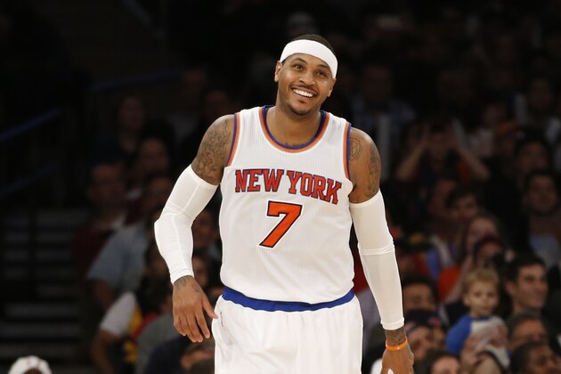 New York Knicks forward Carmelo Anthony (7) reacts in the second half of an NBA basketball game against the Los Angeles Lakers at Madison Square Garden in New York, Sunday, Nov. 8, 2015. Anthony was the high scorer with 24 points as the Knicks defeated the Lakers 99-95. (AP Photo/Kathy Willens)