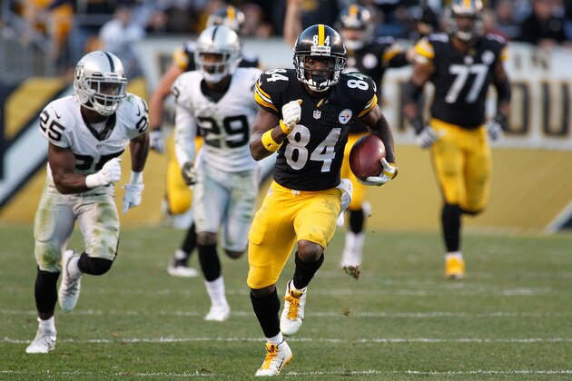 PITTSBURGH, PA - NOVEMBER 08: Antonio Brown #84 of the Pittsburgh Steelers runs the ball in the 4th quarter of the game against the Oakland Raiders at Heinz Field on November 8, 2015 in Pittsburgh, Pennsylvania. (Photo by Justin K. Aller/Getty Images) PITTSBURGH, PA - NOVEMBER 08: Antonio Brown #84 of the Pittsburgh Steelers runs the ball in the 4th quarter of the game against the Oakland Raiders at Heinz Field on November 8, 2015 in Pittsburgh, Pennsylvania. (Photo by Justin K. Aller/Getty Images)